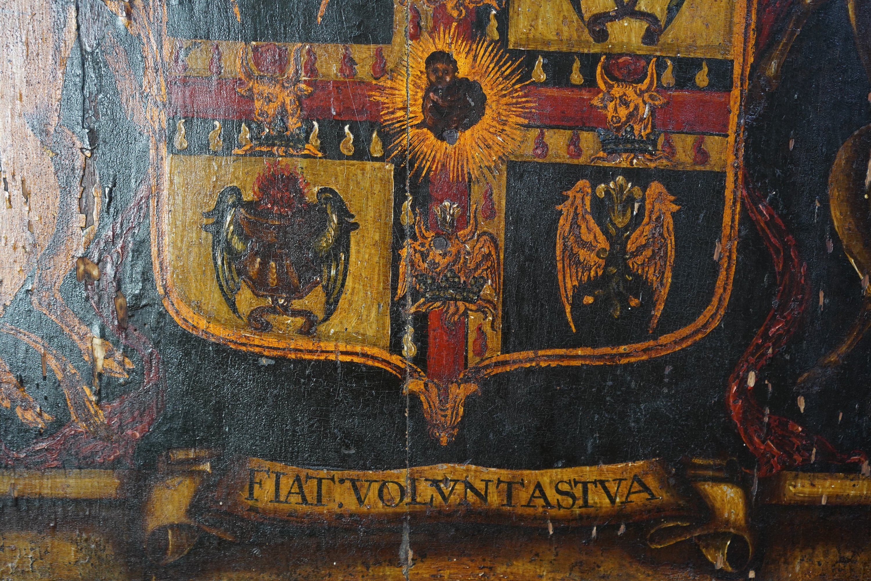 Continental school, Late 17th / early 18th century, Heraldic crest with donkey and ox